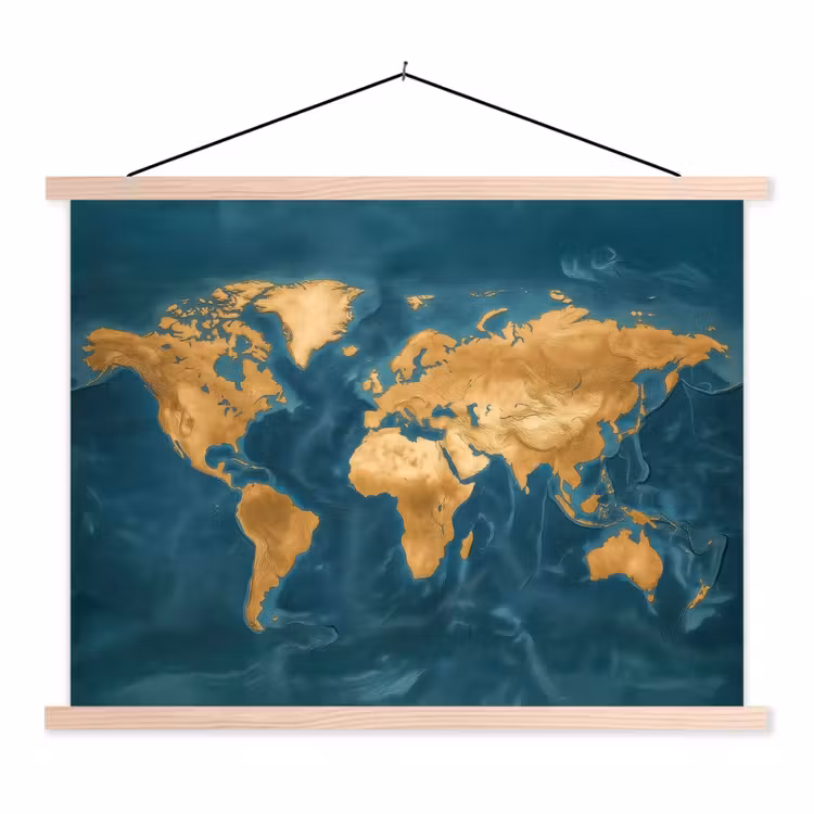 Wereldkaart - Goud - Oceaanblauw textielposter latten blank klein -3d