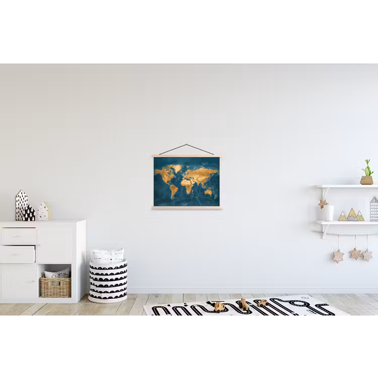 Wereldkaart - Goud - Oceaanblauw textielposter latten blank klein -kinderkamer
