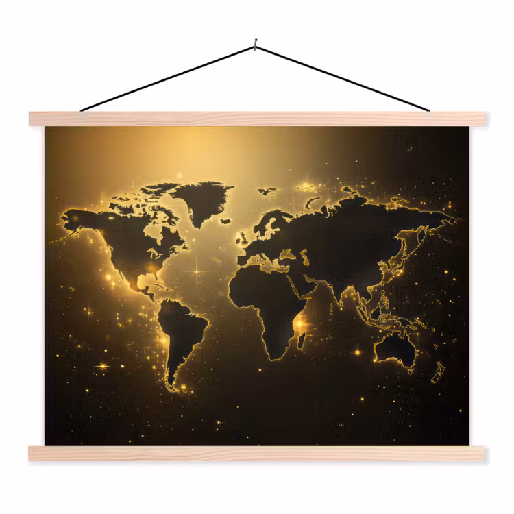 Wereldkaart - Gouden lichten textielposter latten blank klein -3d