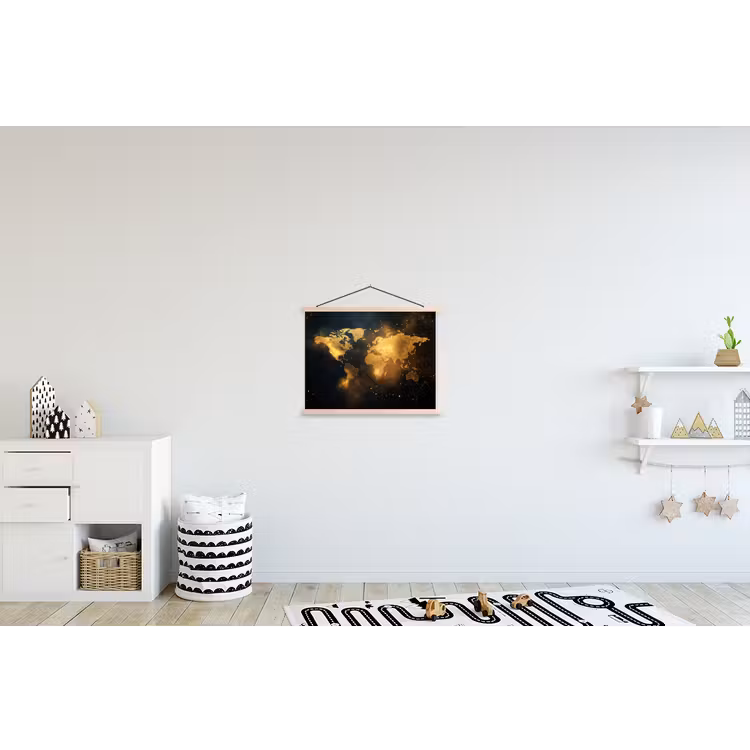 Wereldkaart - Gouden lichtpuntjes - Zwart textielposter latten blank klein -kinderkamer