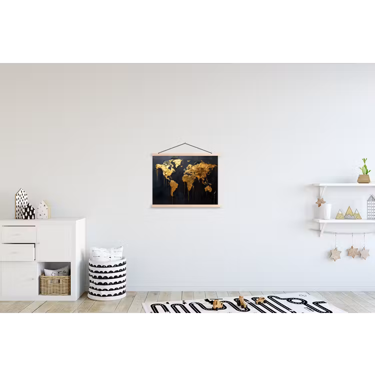 Wereldkaart - Gouden verf - Druppels - Zwart textielposter latten blank klein -kinderkamer