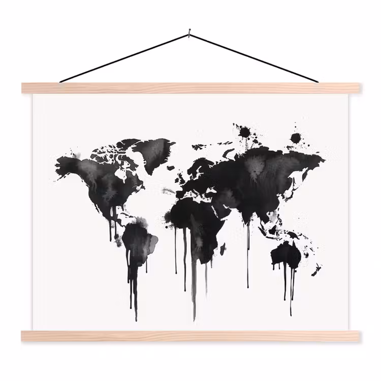 Wereldkaart - Graffiti - Zwart textielposter latten blank klein -3d