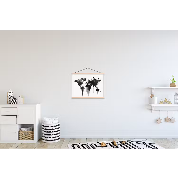 Wereldkaart - Graffiti - Zwart textielposter latten blank klein -kinderkamer