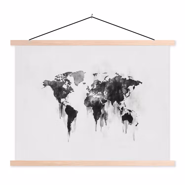 Wereldkaart - Grijs - Zwart - Inkt textielposter latten blank klein -3d