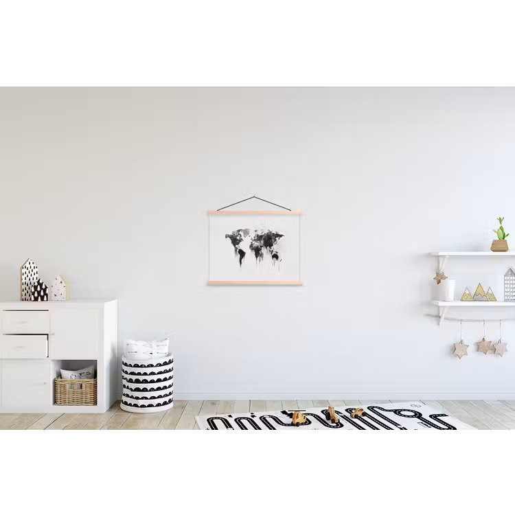 Wereldkaart - Grijs - Zwart - Inkt textielposter latten blank klein -kinderkamer