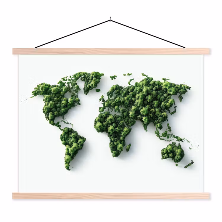 Wereldkaart - Groene bomen textielposter latten blank klein -3d