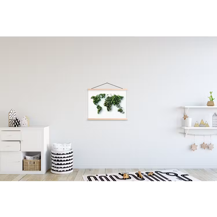 Wereldkaart - Groene bomen textielposter latten blank klein -kinderkamer