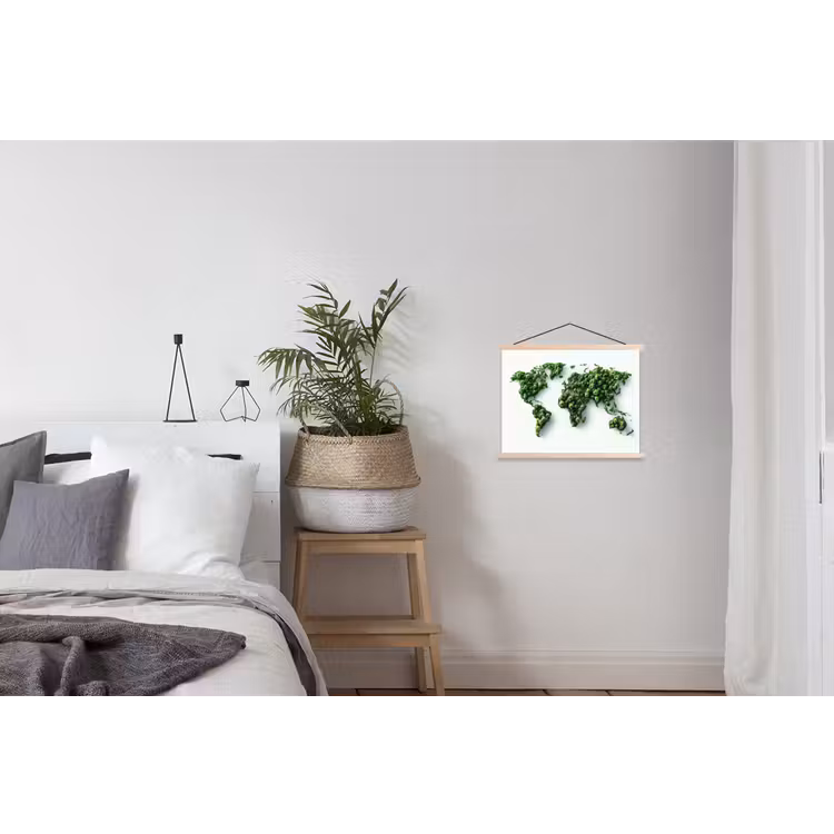 Wereldkaart - Groene bomen textielposter latten blank klein -woonkamer