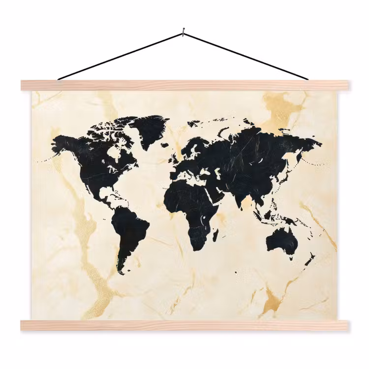 Wereldkaart - Licht marmer - Zwart textielposter latten blank klein -3d