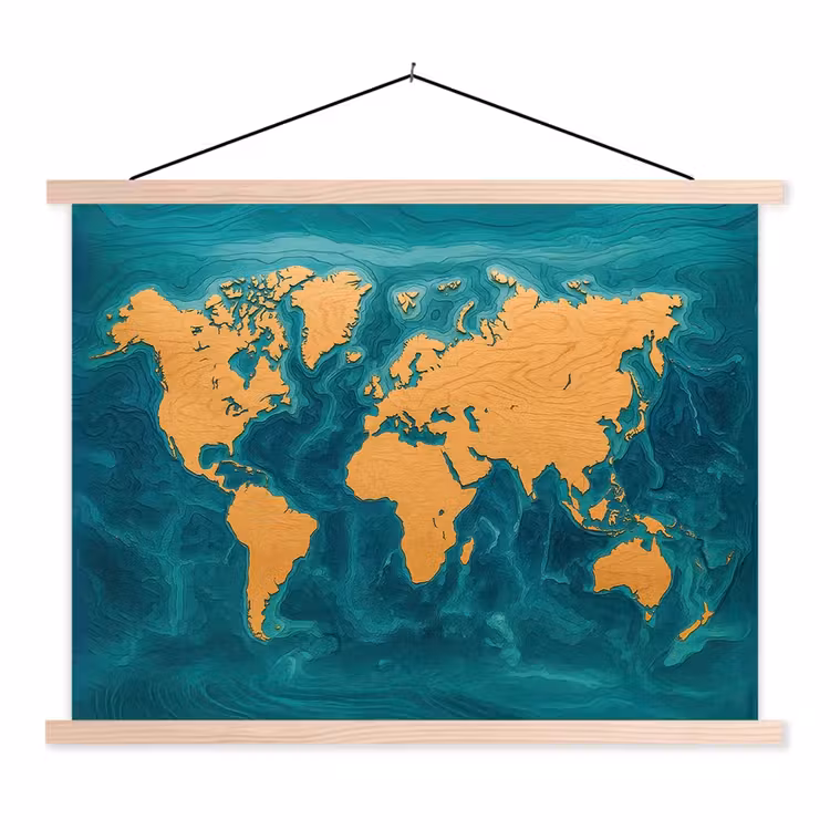 Wereldkaart - Houtsnede - Turkooisblauw textielposter latten blank klein -3d