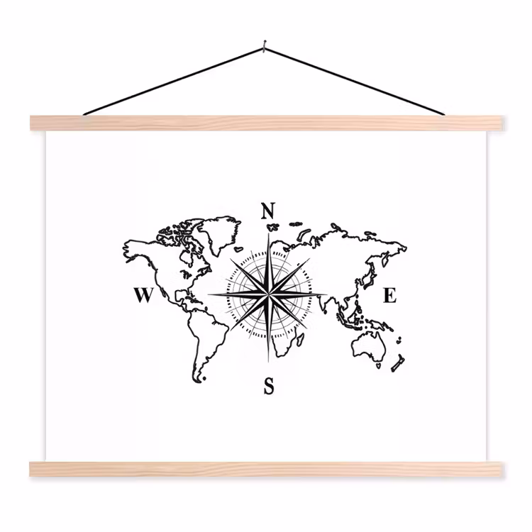 Wereldkaart - Kompas - Minimalistisch textielposter latten blank klein -3d