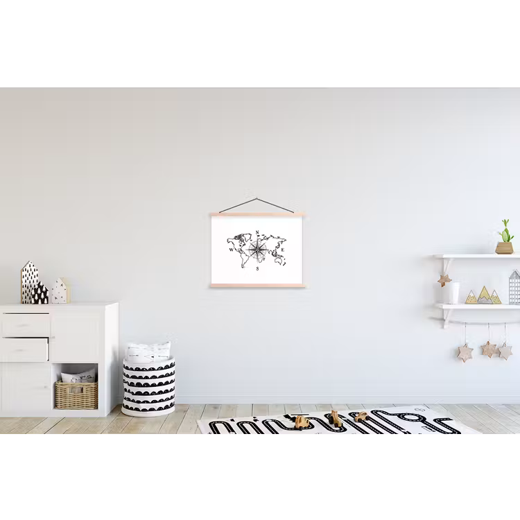 Wereldkaart - Kompas - Minimalistisch textielposter latten blank klein -kinderkamer