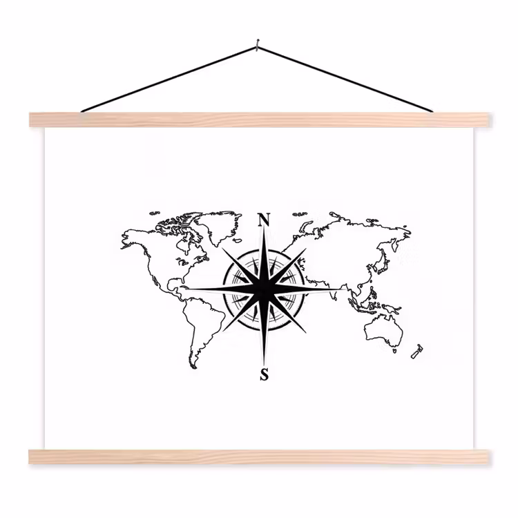 Wereldkaart - Kompas - Zwart - Wit textielposter latten blank klein -3d