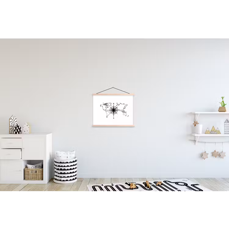 Wereldkaart - Kompas - Zwart - Wit textielposter latten blank klein -kinderkamer