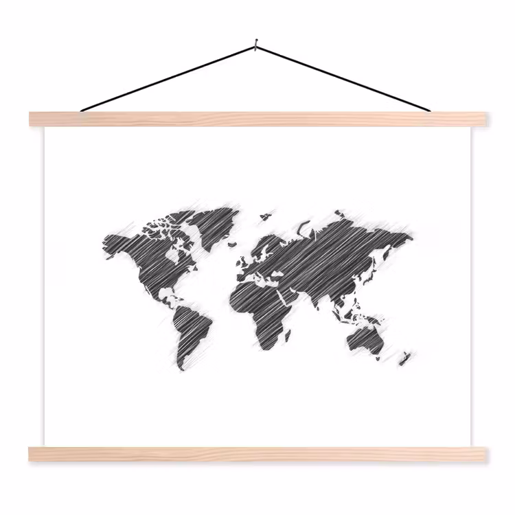 Wereldkaart - Contrast - Lijnen textielposter latten blank klein -3d
