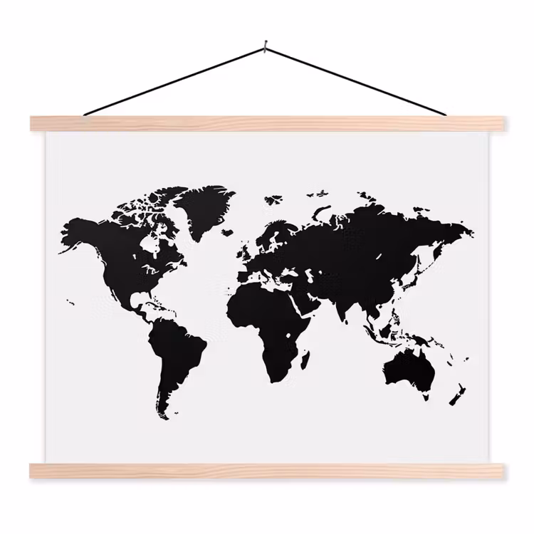 Wereldkaart - Contrast - Zwart - Wit textielposter latten blank klein -3d