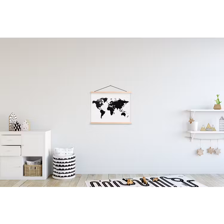 Wereldkaart - Contrast - Zwart - Wit textielposter latten blank klein -kinderkamer