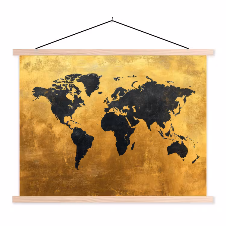 Wereldkaart - Krasserige achtergrond - Goud textielposter latten blank klein -3d