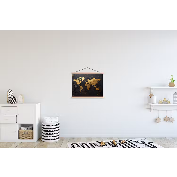 Wereldkaart - Artistiek - Zwart textielposter latten blank klein -kinderkamer