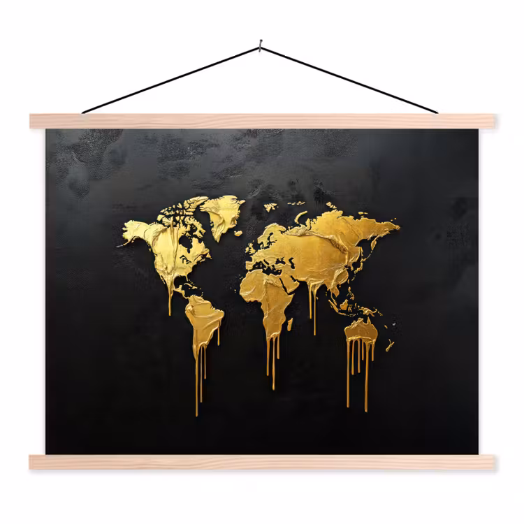 Wereldkaart - Lange druppels - Contrast textielposter latten blank klein -3d