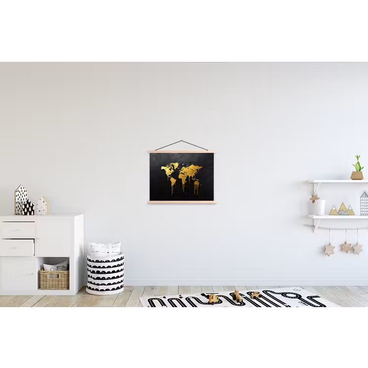 Wereldkaart - Lange druppels - Contrast textielposter latten blank klein -kinderkamer