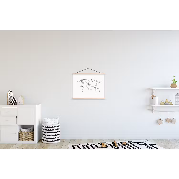 Wereldkaart - Lijnen - Wit textielposter latten blank klein -kinderkamer