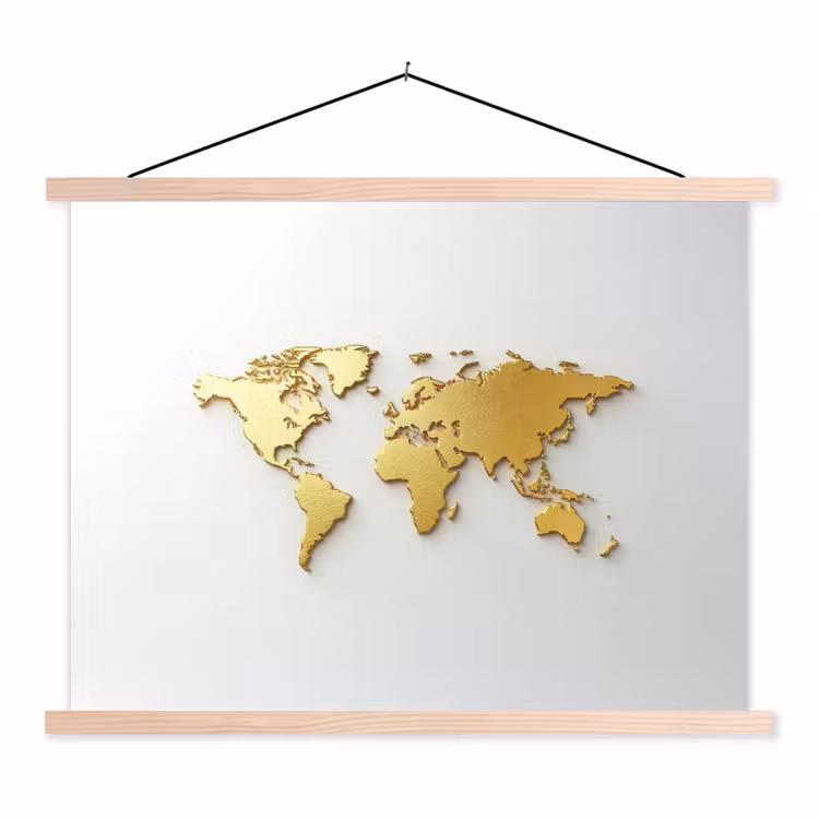 Wereldkaart - Luxe uitstraling - Glanzend goud textielposter latten blank klein -3d