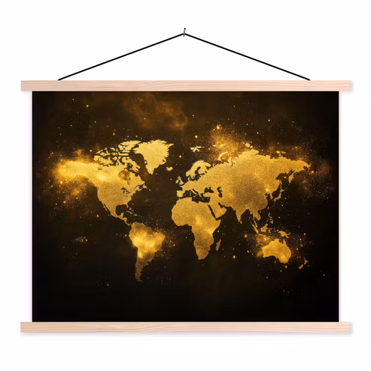 Wereldkaart - Magisch effect - Gouden deeltjes textielposter latten blank klein -3d