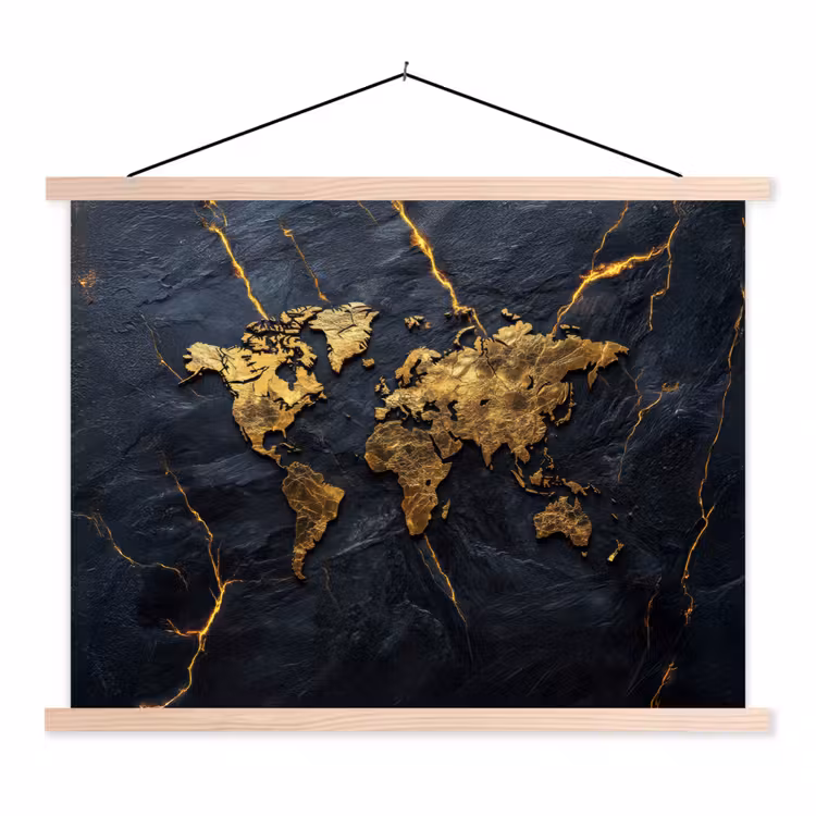 Wereldkaart - Marmer - Vurige lijnen textielposter latten blank klein -3d