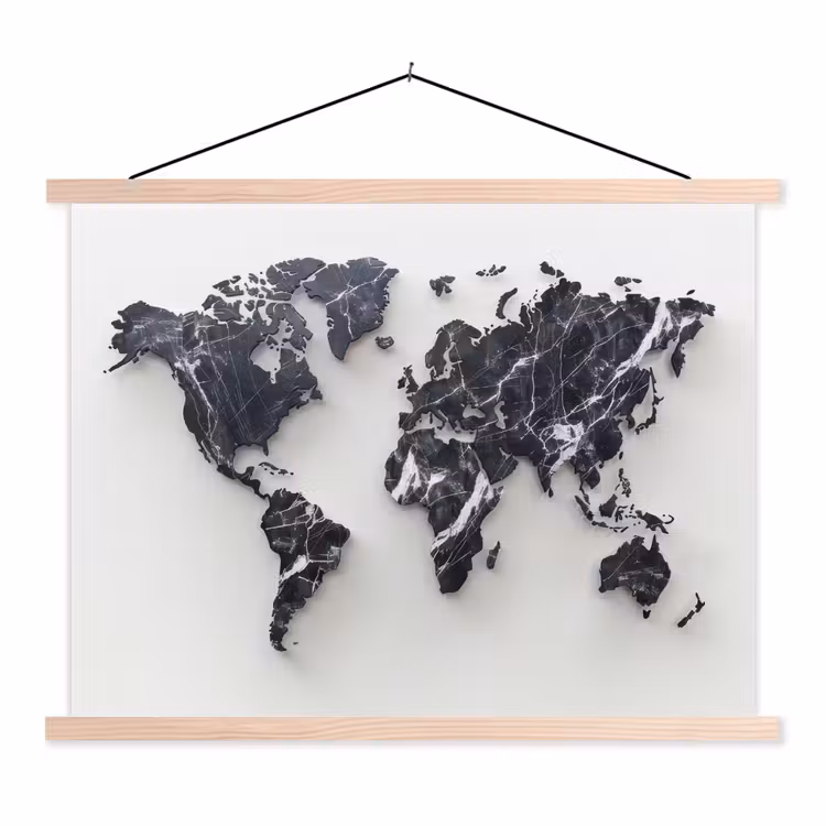 Wereldkaart - Marmer - Modern textielposter latten blank klein -3d
