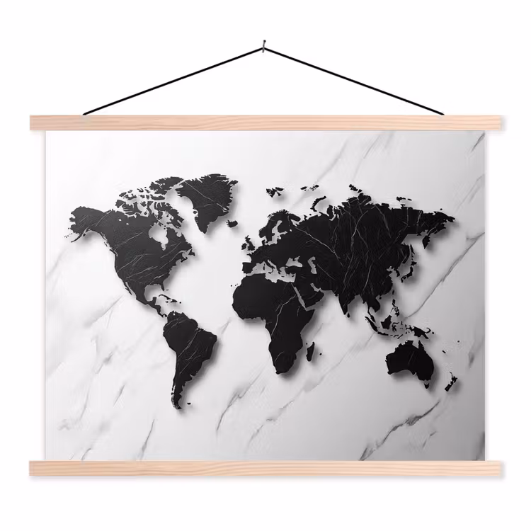Wereldkaart - Marmer - Wit - Zwart textielposter latten blank klein -3d
