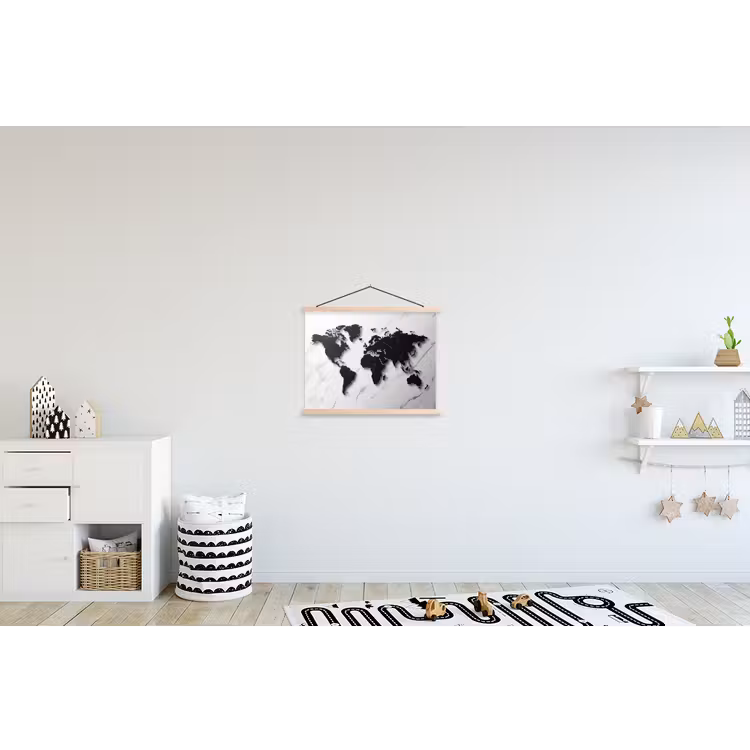 Wereldkaart - Marmer - Wit - Zwart textielposter latten blank klein -kinderkamer
