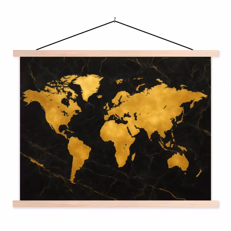 Wereldkaart - Marmerstructuur - Elegant - Zwart textielposter latten blank klein -3d