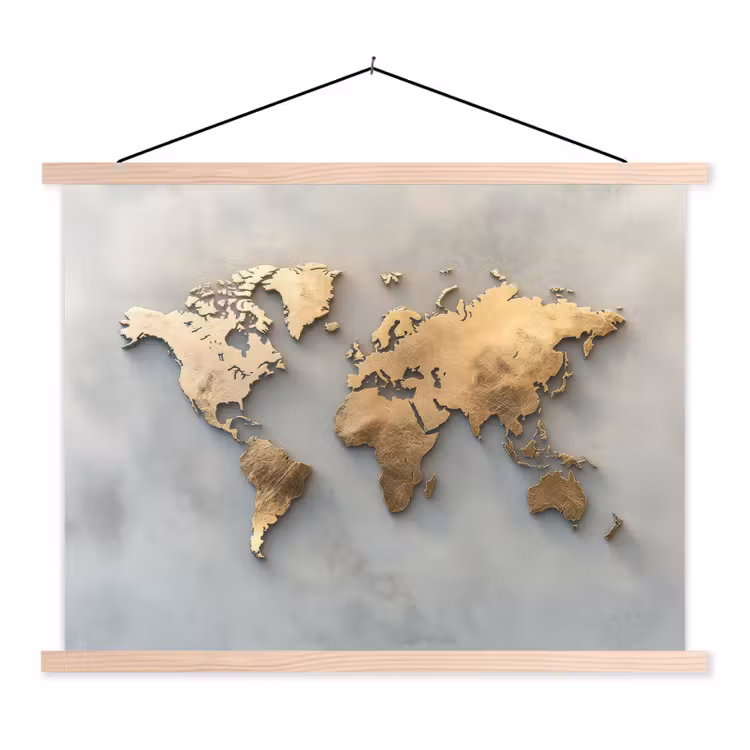 Wereldkaart - Metaal - Grijs textielposter latten blank klein -3d