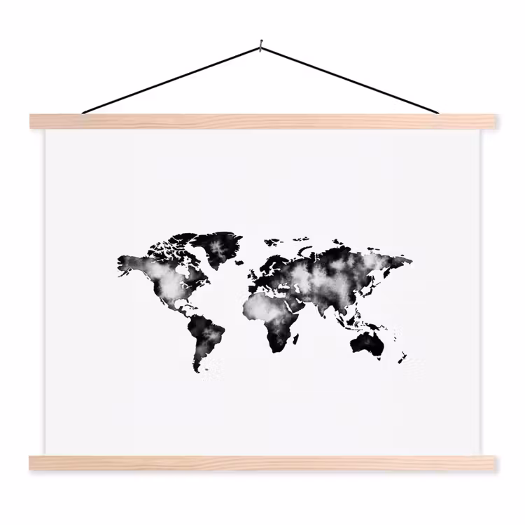 Wereldkaart - Minimalistisch textielposter latten blank klein -3d