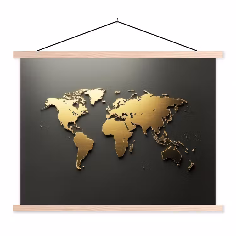 Wereldkaart - Minimalistisch - Gouden afwerking textielposter latten blank klein -3d