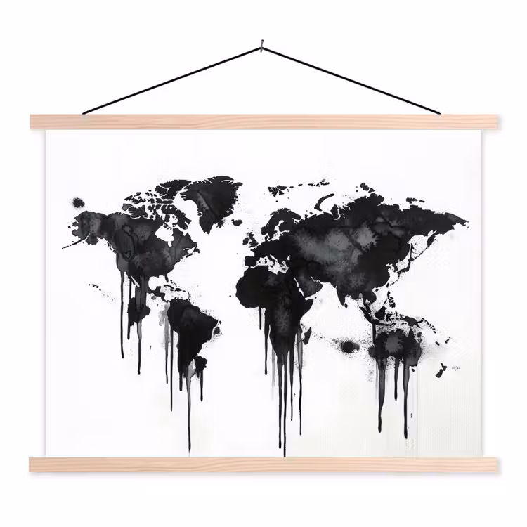 Wereldkaart - Minimalistisch - Graffiti textielposter latten blank klein -3d