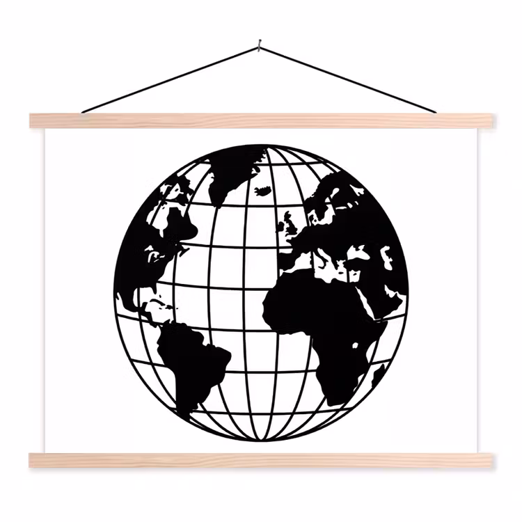 Wereldkaart - Minimalistisch - Zwart - Wit textielposter latten blank klein -3d
