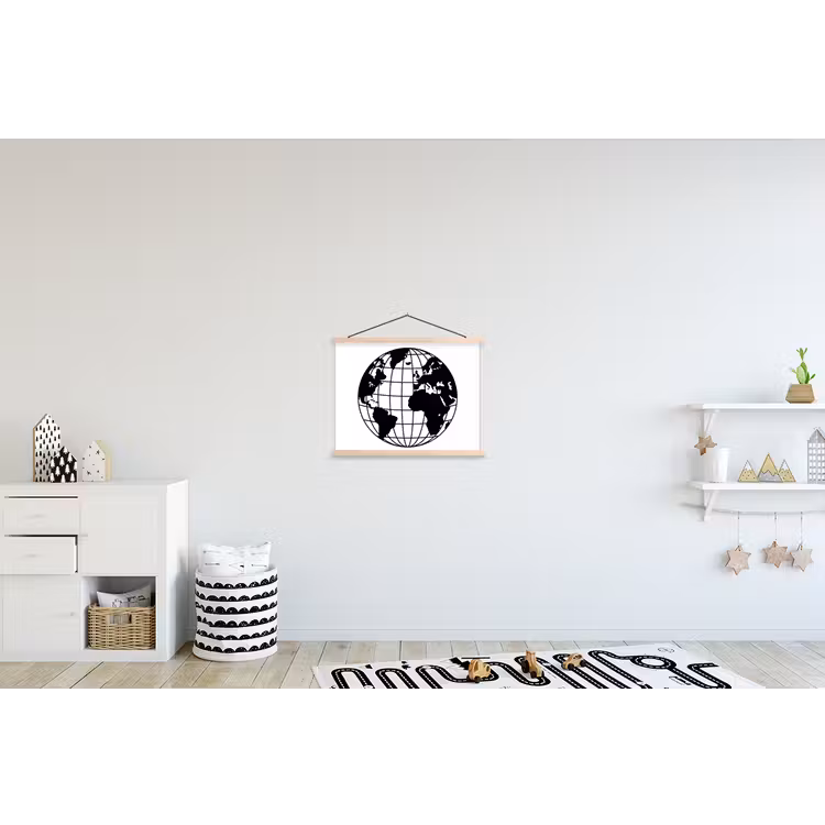 Wereldkaart - Minimalistisch - Zwart - Wit textielposter latten blank klein -kinderkamer