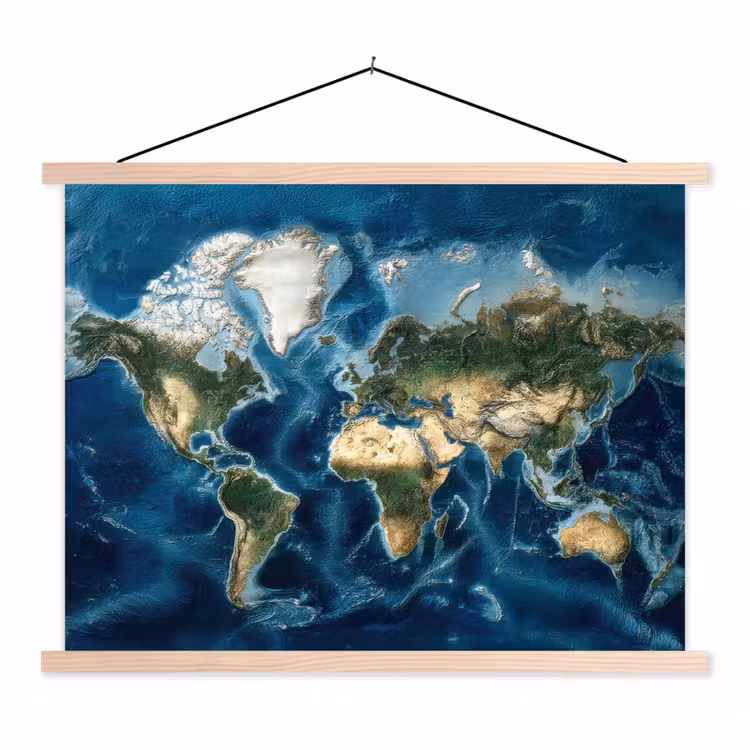 Wereldkaart - Natuurlijk - Goud textielposter latten blank klein -3d