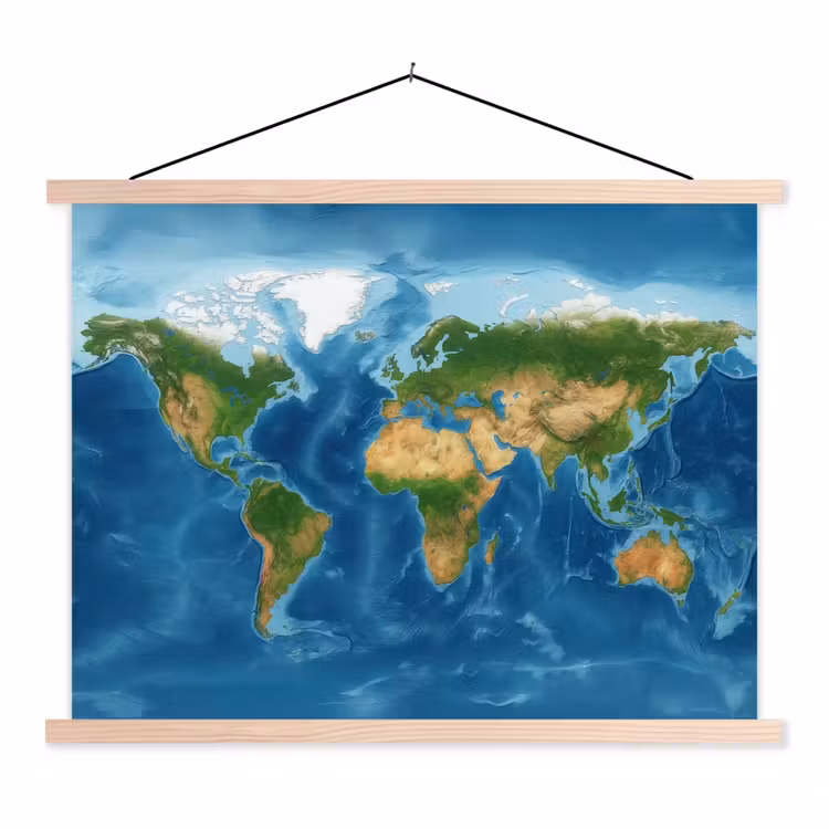 Wereldkaart - Natuurlijk - Levendige kleuren textielposter latten blank klein -3d
