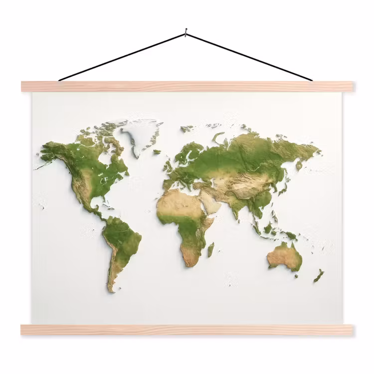 Wereldkaart - Natuurlijke kleuren - reliëfstijl textielposter latten blank klein -3d
