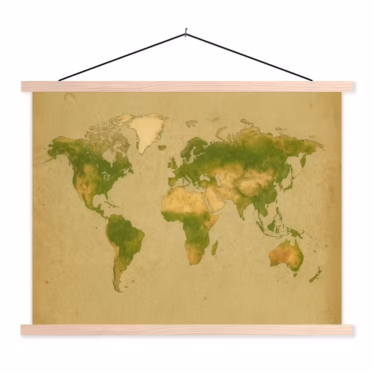 Wereldkaart - Natuurlijke tinten - Organische textuur textielposter latten blank klein -3d
