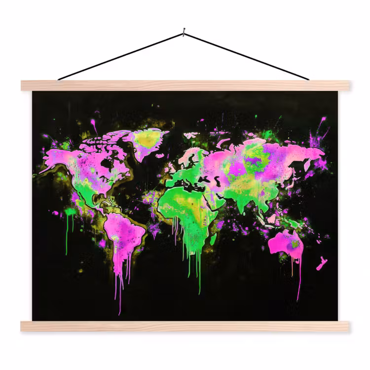 Wereldkaart - Neon - Groen - Roze textielposter latten blank klein -3d