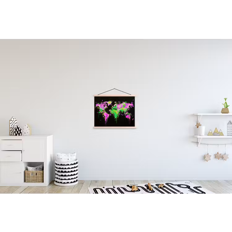 Wereldkaart - Neon - Groen - Roze textielposter latten blank klein -kinderkamer