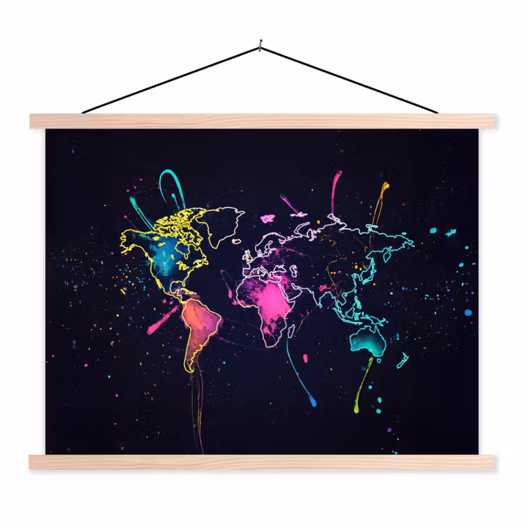 Wereldkaart - Neon - Lijnen - Verspatten textielposter latten blank klein -3d
