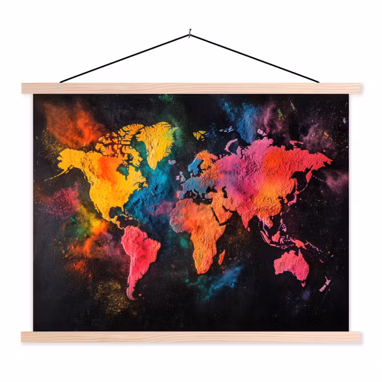 Wereldkaart - Poeder - Kleuren textielposter latten blank klein -3d