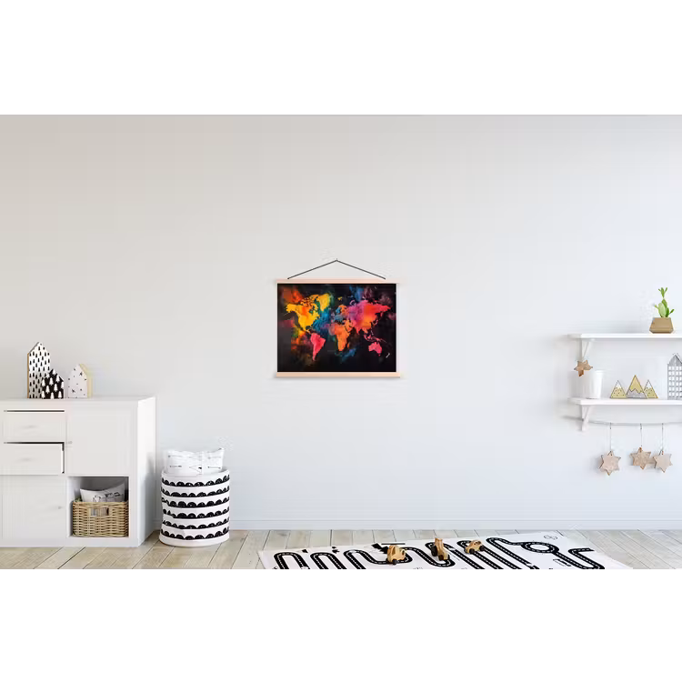 Wereldkaart - Poeder - Kleuren textielposter latten blank klein -kinderkamer