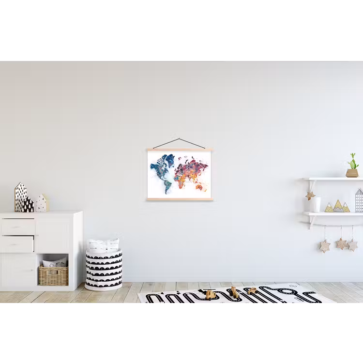 Wereldkaart - Stipjes - Kleurrijk - Mozaïek textielposter latten blank klein -kinderkamer