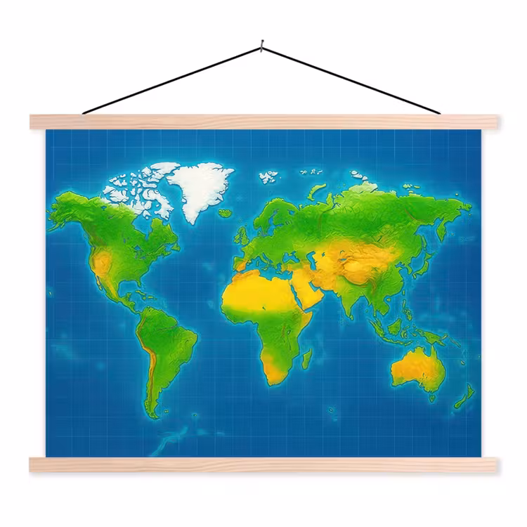 Wereldkaart - Raster - Helder kleurenpalet textielposter latten blank klein -3d